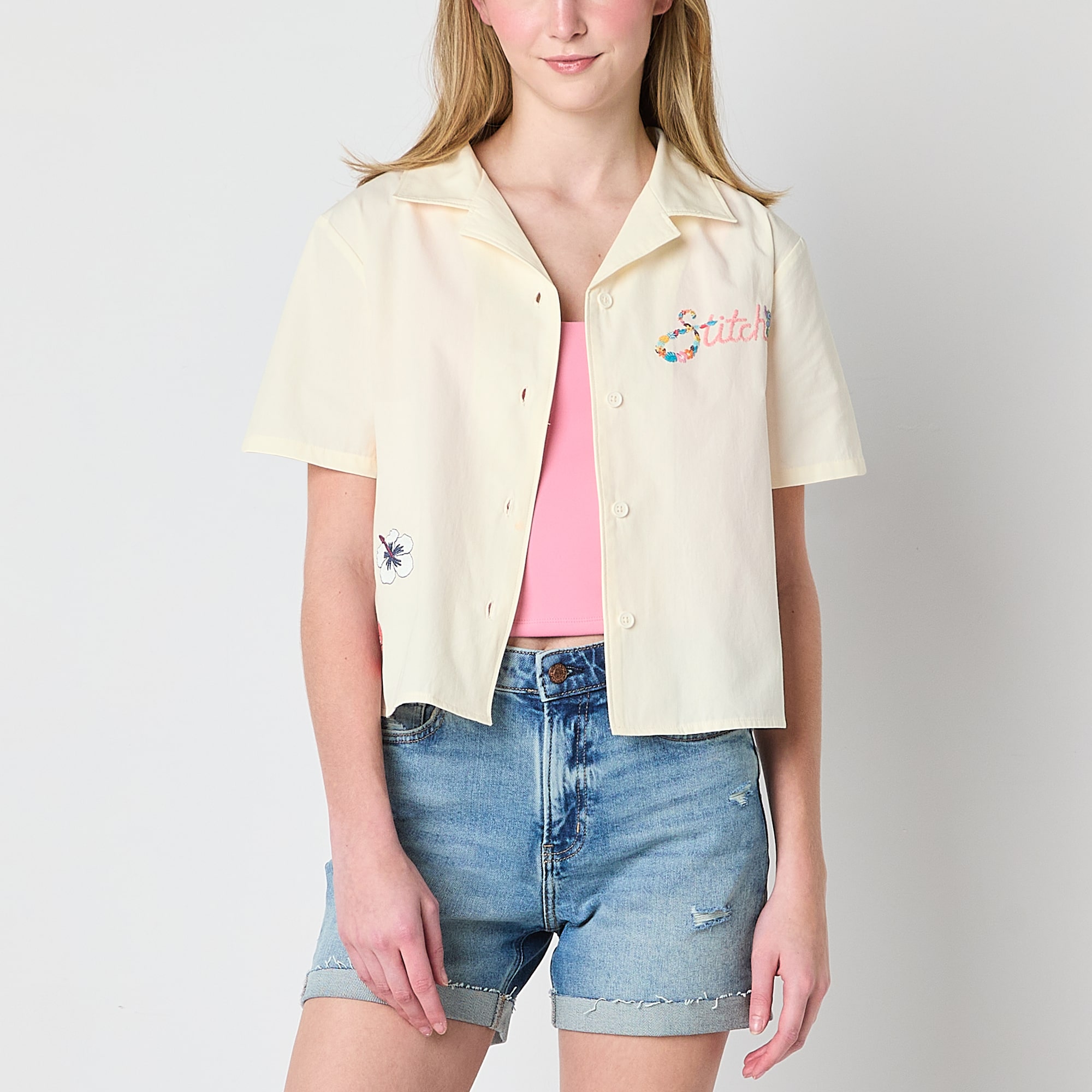 Womens Juniors Short Sleeve Lilo & Stitch Camp Shirt