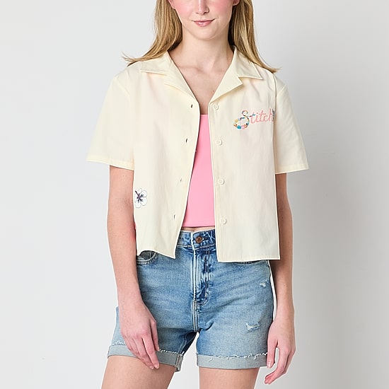 Womens Juniors Short Sleeve Lilo & Stitch Camp Shirt