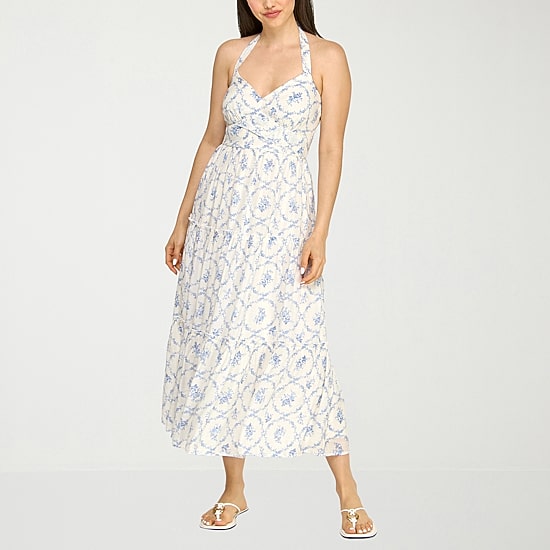 Trixxi Womens Juniors Midi Halter Neck Sleeveless Floral A-Line Dress