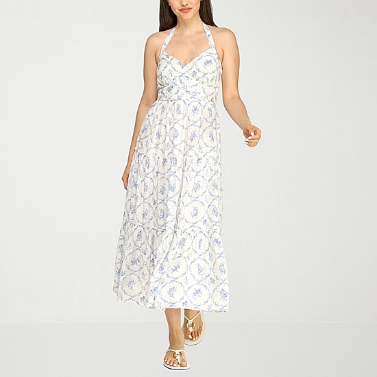 Trixxi Womens Juniors Midi Halter Neck Sleeveless Floral A-Line Dress