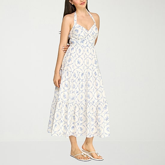 Trixxi Womens Juniors Midi Halter Neck Sleeveless Floral A-Line Dress