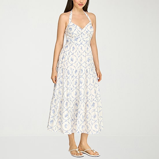 Trixxi Womens Juniors Midi Halter Neck Sleeveless Floral A-Line Dress