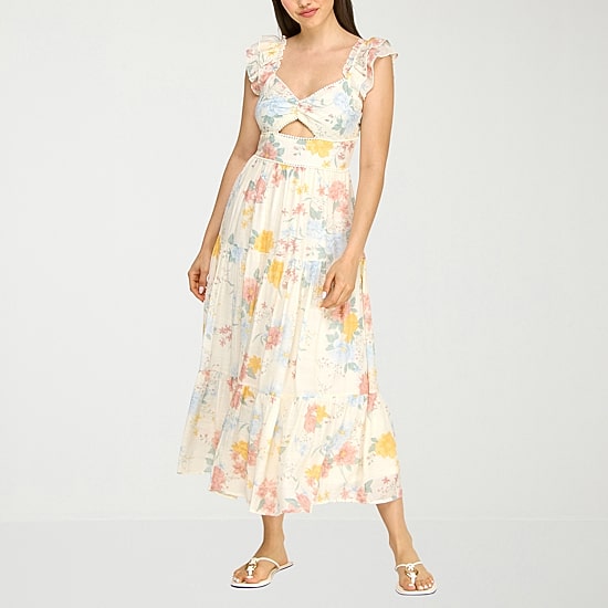 Trixxi Womens Juniors Midi Sweetheart Neck Short Sleeve Floral A-Line Dress