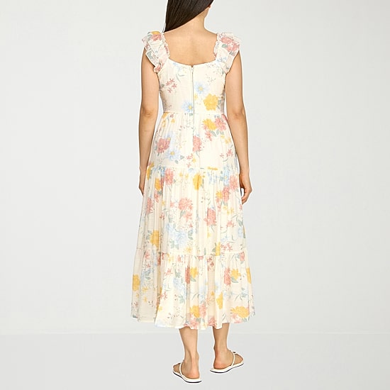 Trixxi Womens Juniors Midi Sweetheart Neck Short Sleeve Floral A-Line Dress