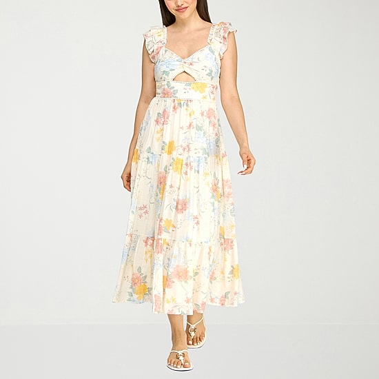 Trixxi Womens Juniors Midi Sweetheart Neck Short Sleeve Floral A-Line Dress