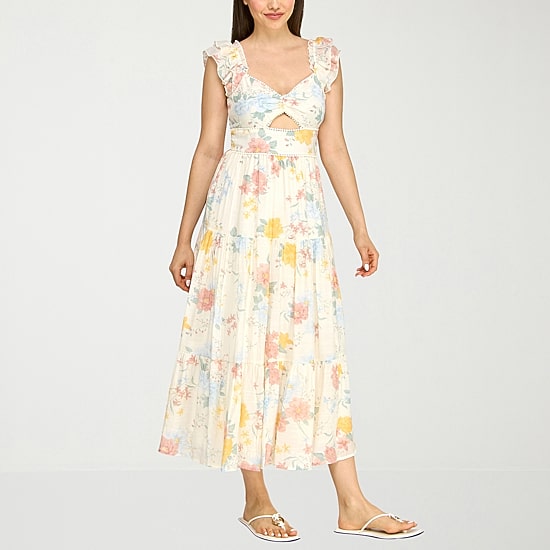 Trixxi Womens Juniors Midi Sweetheart Neck Short Sleeve Floral A-Line Dress