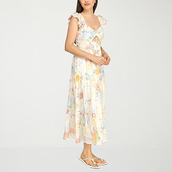 Trixxi Womens Juniors Midi Sweetheart Neck Short Sleeve Floral A-Line Dress
