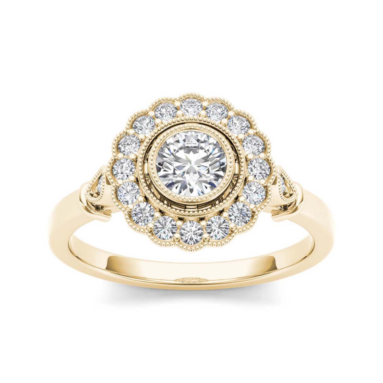 1/2 CT.T.W. Natural Diamond Flower Halo 10K Yellow Gold Engagement Ring