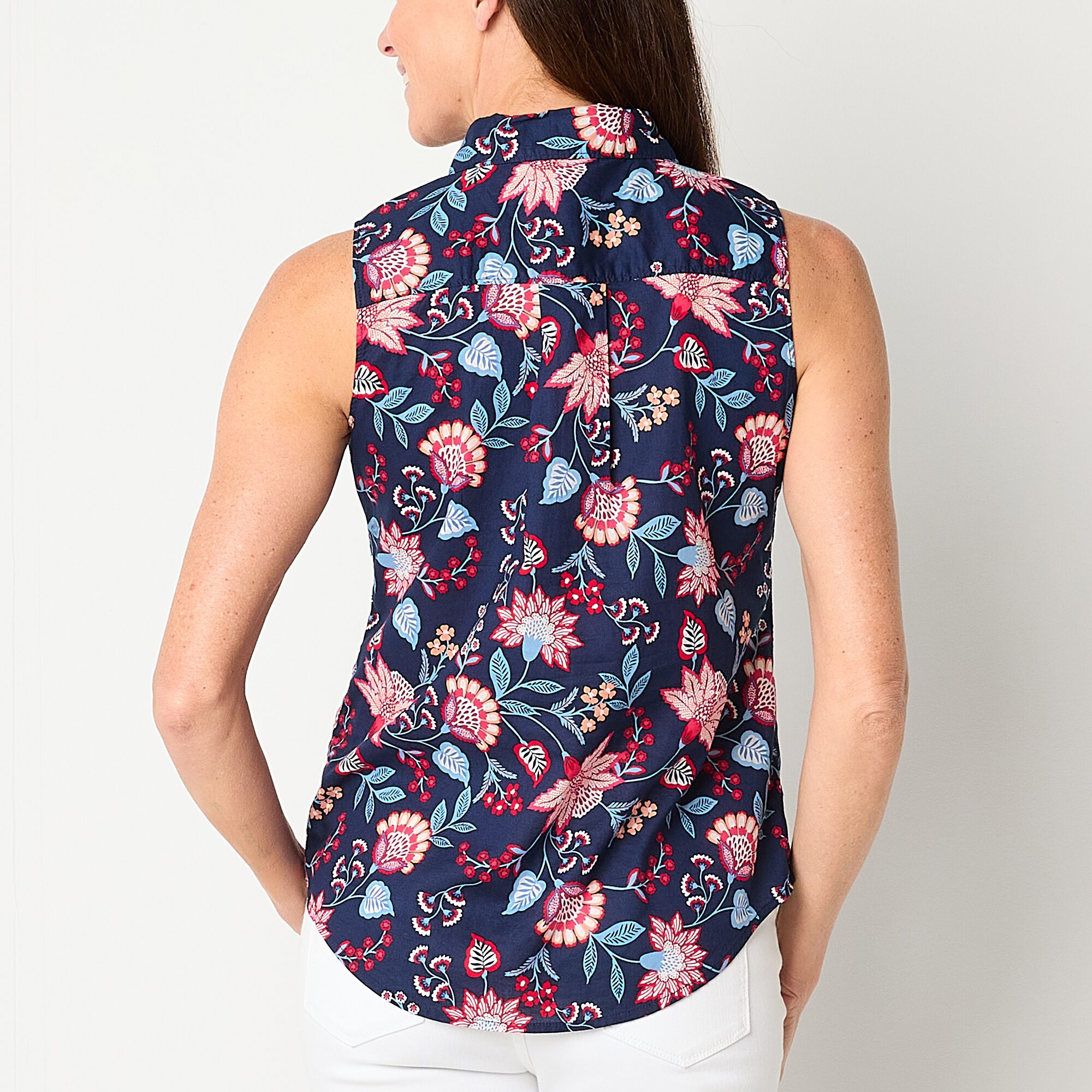 St. John's Bay Womens Sleeveless Regular Fit Button-Down Shirt