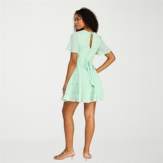 B. Smart Womens Juniors V Neck Short Sleeve Ruffled Fit + Flare Dress