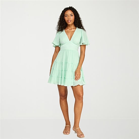 B. Smart Womens Juniors V Neck Short Sleeve Ruffled Fit + Flare Dress