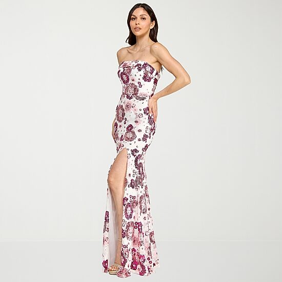 City Triangle Womens Juniors Straight Neck Sleeveless Sequin Floral Bodycon Dress