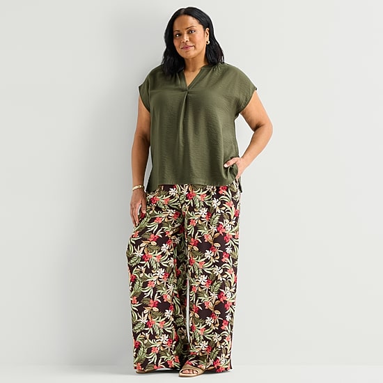 Liz Claiborne Womens Plus Split Crew Neck Short Sleeve Blouse