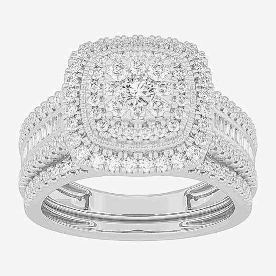 Womens 1 CT.T.W. Natural Diamond 10K Gold Cushion Side Stone Halo Bridal Set