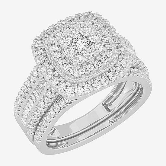 Womens 1 CT.T.W. Natural Diamond 10K Gold Cushion Side Stone Halo Bridal Set