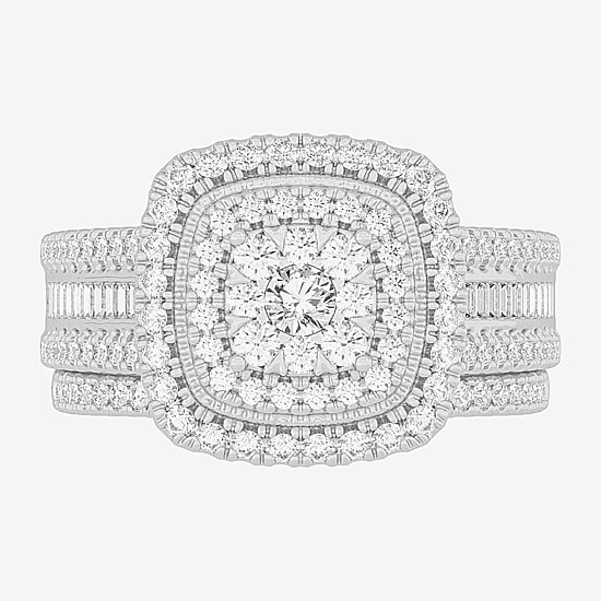 Womens 1 CT.T.W. Natural Diamond 10K Gold Cushion Side Stone Halo Bridal Set
