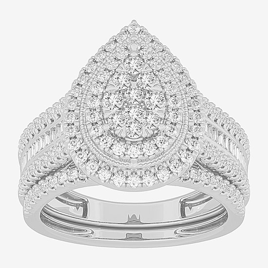 Womens 1 CT.T.W. Natural Diamond 10K Gold Pear Side Stone Halo Bridal Set