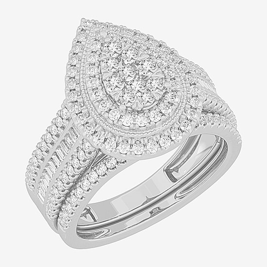 Womens 1 CT.T.W. Natural Diamond 10K Gold Pear Side Stone Halo Bridal Set