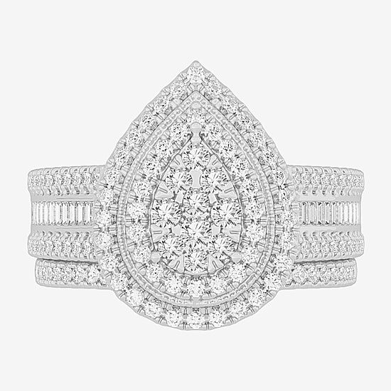 Womens 1 CT.T.W. Natural Diamond 10K Gold Pear Side Stone Halo Bridal Set