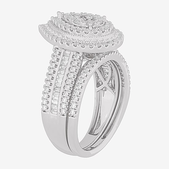 Womens 1 CT.T.W. Natural Diamond 10K Gold Pear Side Stone Halo Bridal Set