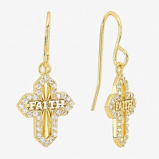 Silver Reflections Womens Cubic Zirconia 14K Gold Over Brass Cross Drop Earrings