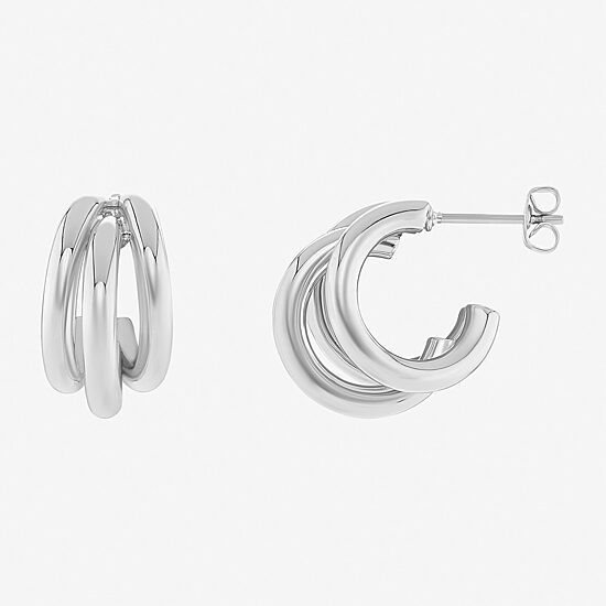 Silver Reflections Three Row Womens 15mm Hoop Earrings