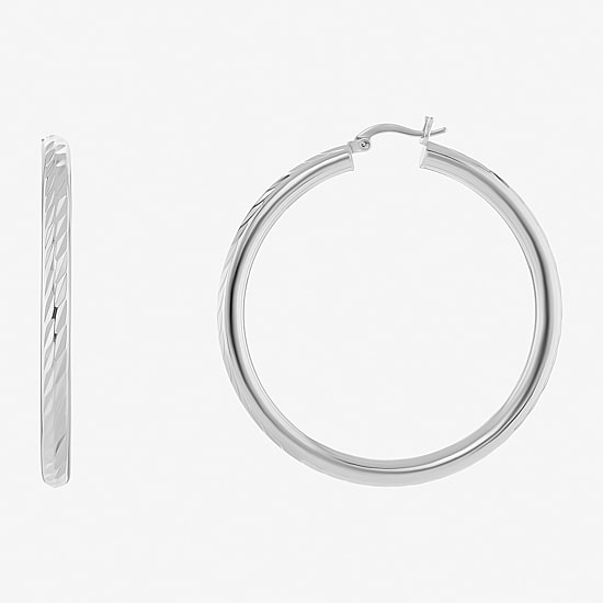 Silver Reflections Tube Diamond Cut Womens 50mm Hoop Earrings