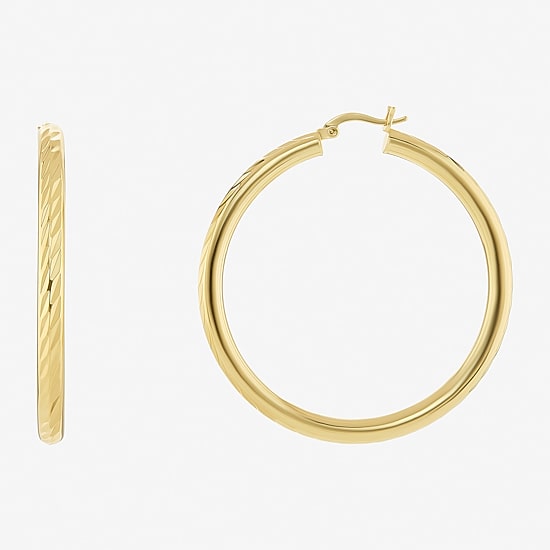 Silver Reflections Tube Diamond Cut Womens 14K Gold Over Brass 50mm Hoop Earrings