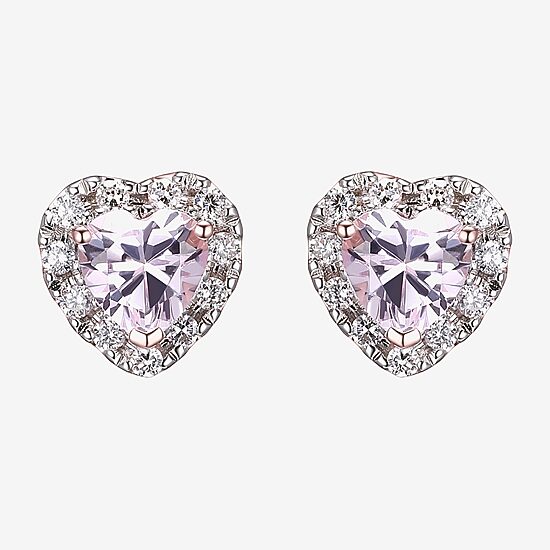 Lab Grown Pink Sapphire & 1/5 CT. T.W. Lab Grown White Diamond 18K Rose Gold Over Silver 8mm Heart Stud Earrings