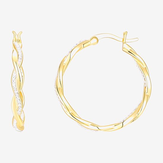 Womens Crystal 24K Gold Over Silver 28.3mm Round Hoop Earrings