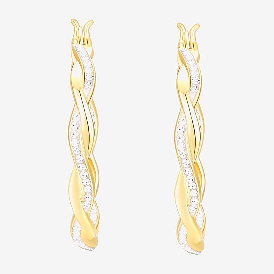 Womens Crystal 24K Gold Over Silver 28.3mm Round Hoop Earrings