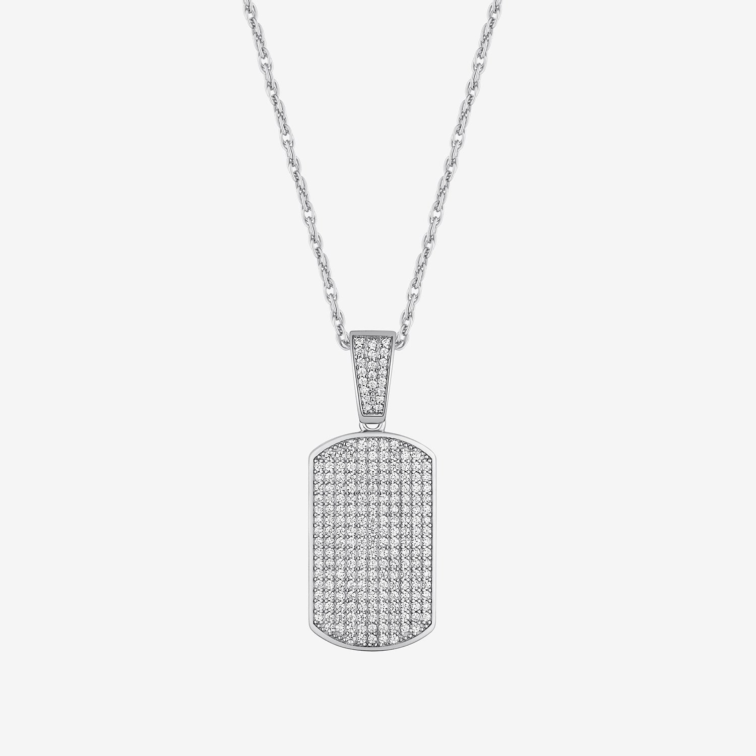 Mens White Cubic Zirconia Sterling Silver Dog Tag 24 Inch Pendant Necklace