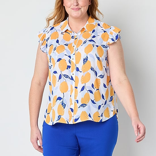 Liz Claiborne Womens Plus Cap Sleeveless Regular Fit Button-Down Shirt