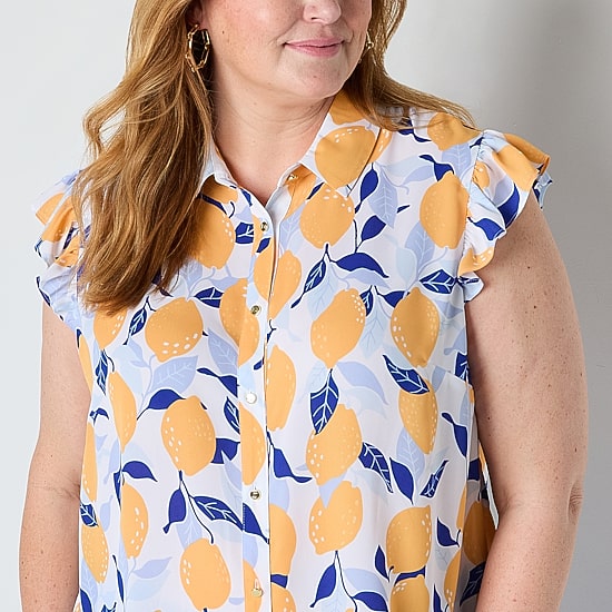 Liz Claiborne Womens Plus Cap Sleeveless Regular Fit Button-Down Shirt