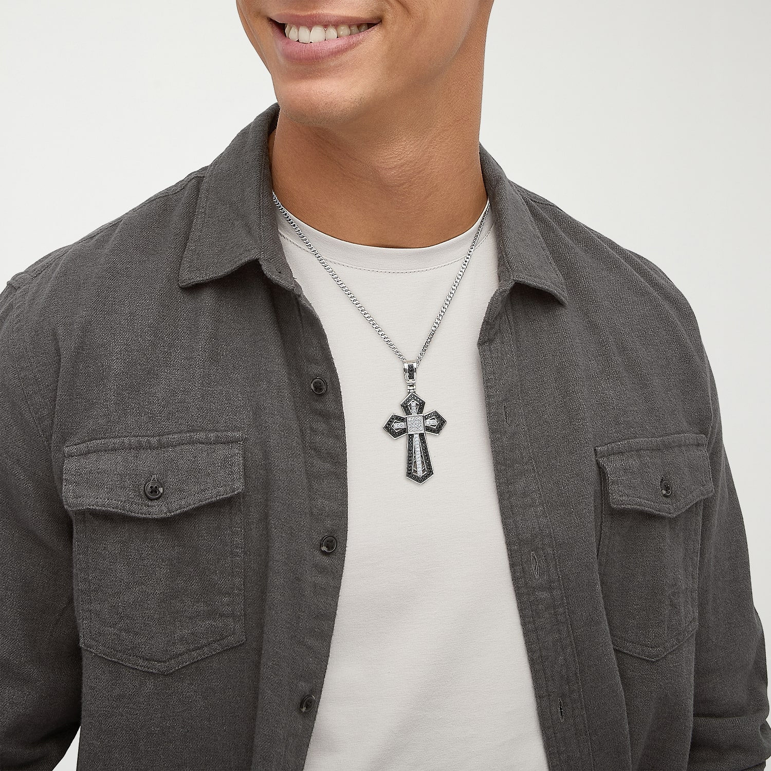 Made in Italy Mens Black Spinel Sterling Silver Cross 22 Inch Pendant Necklace