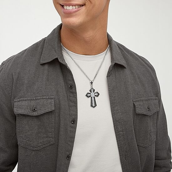 Made in Italy Mens Black Spinel Sterling Silver Cross 22 Inch Pendant Necklace