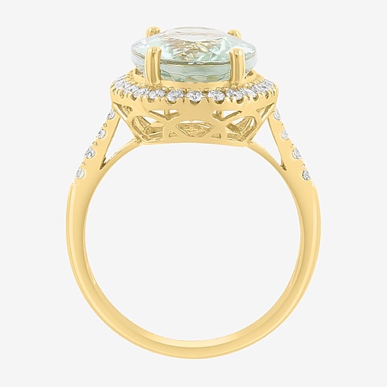 Effy Final Call Limited Quantities! Womens 3/8 CT. T.W. Genuine Green Amethyst 14K Gold Oval Halo Side Stone Cocktail Ring