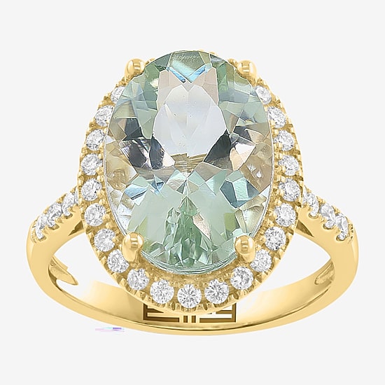 Effy Final Call Limited Quantities! Womens 3/8 CT. T.W. Genuine Green Amethyst 14K Gold Oval Halo Side Stone Cocktail Ring