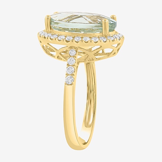 Effy Final Call Limited Quantities! Womens 3/8 CT. T.W. Genuine Green Amethyst 14K Gold Oval Halo Side Stone Cocktail Ring