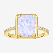 Womens Lab Created White Opal 14K Gold Over Silver Side Stone Cocktail Ring