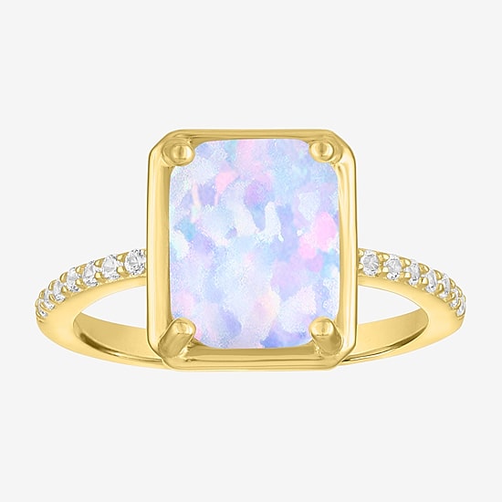Womens Lab Created White Opal 14K Gold Over Silver Side Stone Cocktail Ring