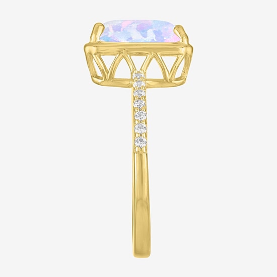 Womens Lab Created White Opal 14K Gold Over Silver Side Stone Cocktail Ring