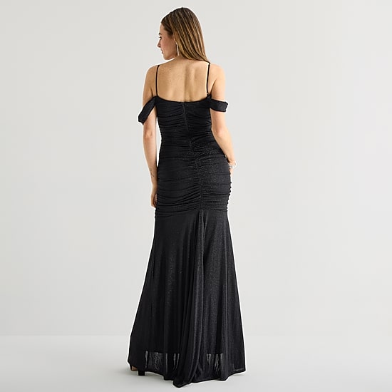 Emerald Sundae Womens Juniors Draped Neck Sleeveless Cold Shoulder Glitter Bodycon Dress