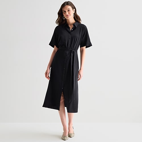 Worthington Womens Short Sleeve Floral Shirt Dress In Black