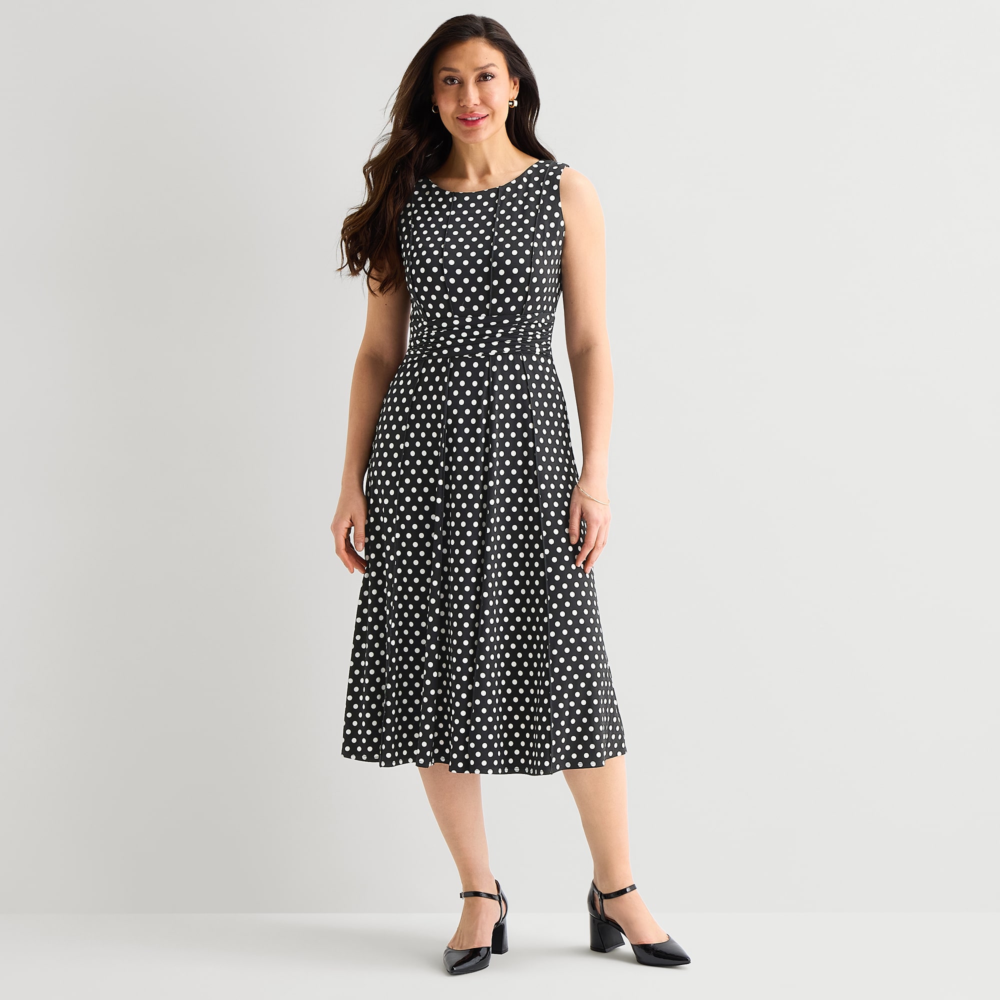 Perceptions Womens Midi Round Neck Sleeveless Polka Dot Fit + Flare Dress