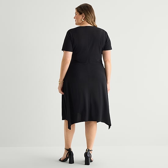 Perceptions Womens Plus V Neck Short Sleeve Fit + Flare Dress