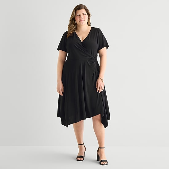 Perceptions Womens Plus V Neck Short Sleeve Fit + Flare Dress