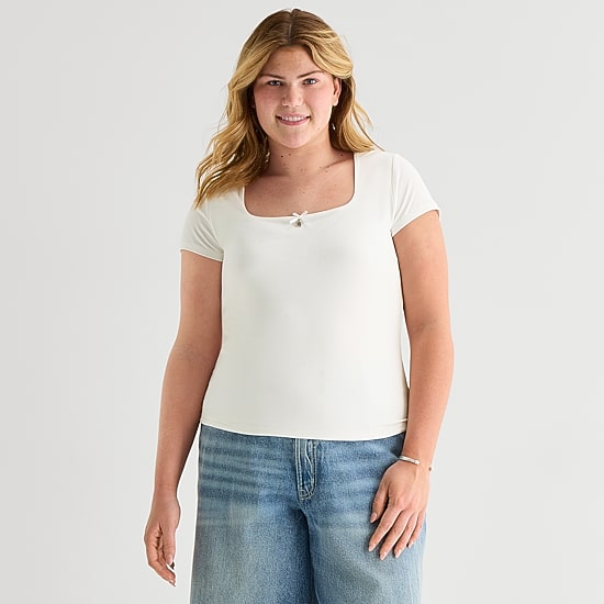 Forever 21 Womens Juniors Plus Square Neck Short Sleeve Regular Fit Graphic T-Shirt