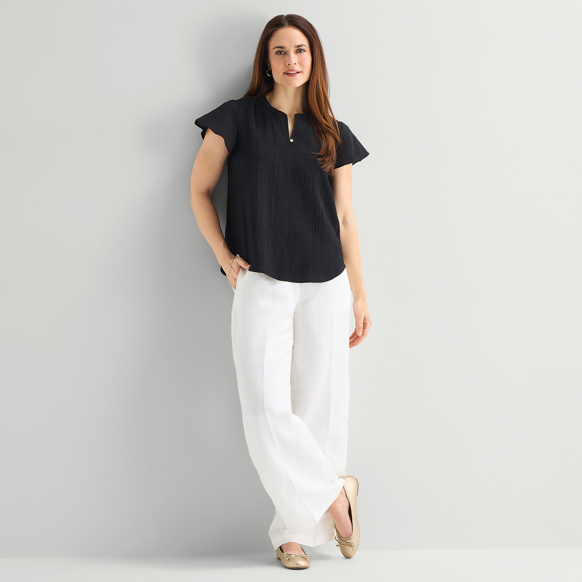 Liz Claiborne Womens Split Crew Neck Short Sleeve Blouse