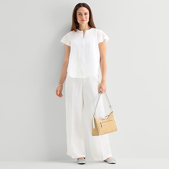 Liz Claiborne Womens Split Crew Neck Short Sleeve Blouse